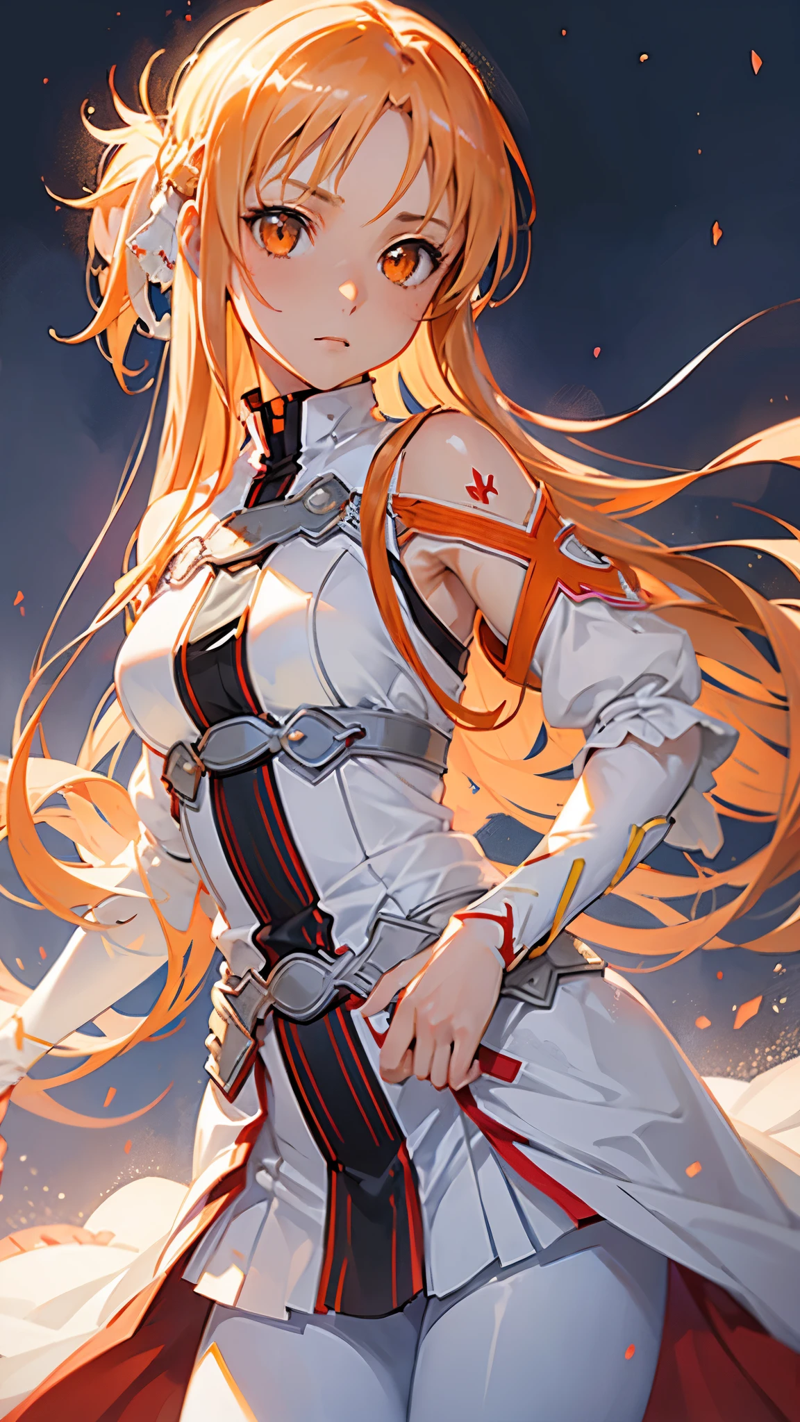masterpiece, best quality, 1 Girl, Anime Girl,Has long orange hair and orange eyes,Wearing white armor and white pants, Yuuki Asuna from sword art online, Yuuki Asuna, Delicate face, delicate eyes