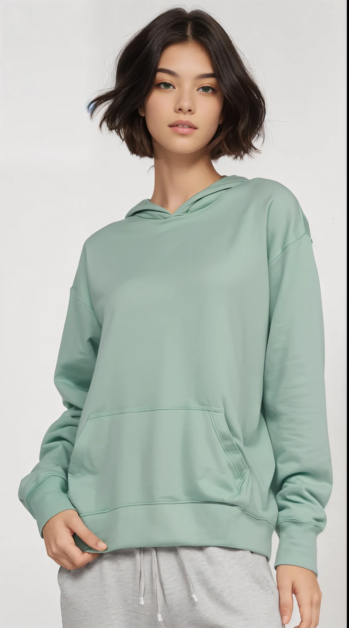 a woman wearing a green hoodie and gray sweatpants, vestindo moletom, Manga compridas, verde pastel, roupas verdes, casual roupas verdes, espuma do mar verde, wearing a green sweater, sage green, Roupa casual, Roupas Verdes, mangas volumosas, euro, verde silenciado, pale green glow, camisa verde, eucalipto, mangas bufantes, Manga comprida, com ombreiras