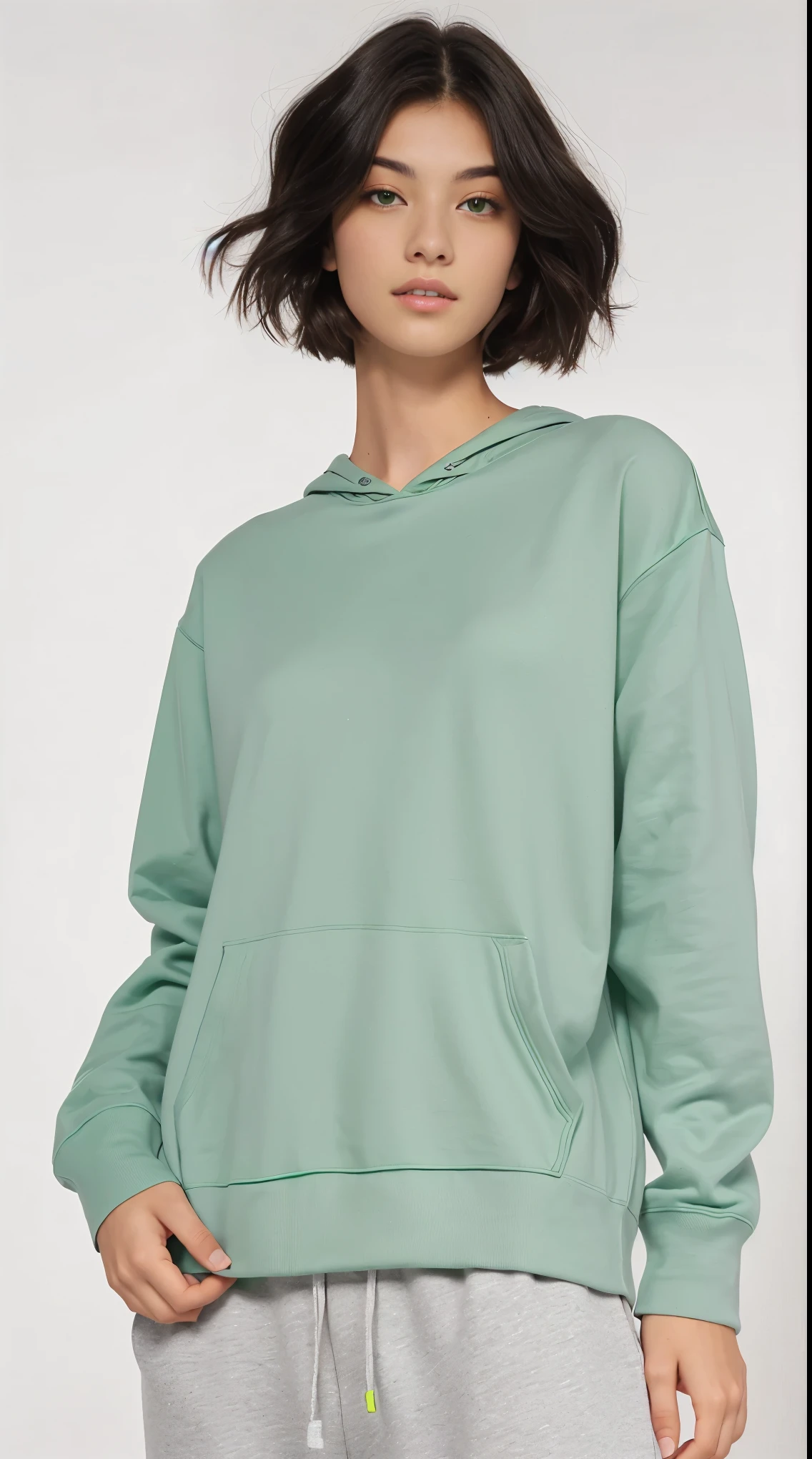 a woman wearing a green hoodie and gray sweatpants, vestindo moletom, Manga compridas, verde pastel, roupas verdes, casual roupas verdes, espuma do mar verde, wearing a green sweater, sage green, Roupa casual, Roupas Verdes, mangas volumosas, euro, verde silenciado, pale green glow, camisa verde, eucalipto, mangas bufantes, Manga comprida, com ombreiras