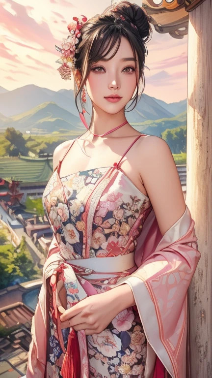 Teenage Chinese Beauty、Willow leaf eyebrows、Ancient Chinese pink off-the-shoulder dress、Bare neck、Flowing Cape、Bun with hairpin、Flower Hairpin、bracelet、Traditional Chinese Painting、Western painting、Waterconk、Popular at cgstation、masterpiece、highest quality、32K