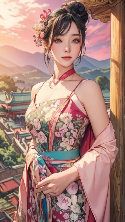 Teenage Chinese Beauty、Willow leaf eyebrows、Ancient Chinese pink off-the-shoulder dress、Bare neck、Flowing Cape、Bun with hairpin、Flower Hairpin、bracelet、Traditional Chinese Painting、Western painting、Waterconk、Popular at cgstation、masterpiece、highest quality、32K