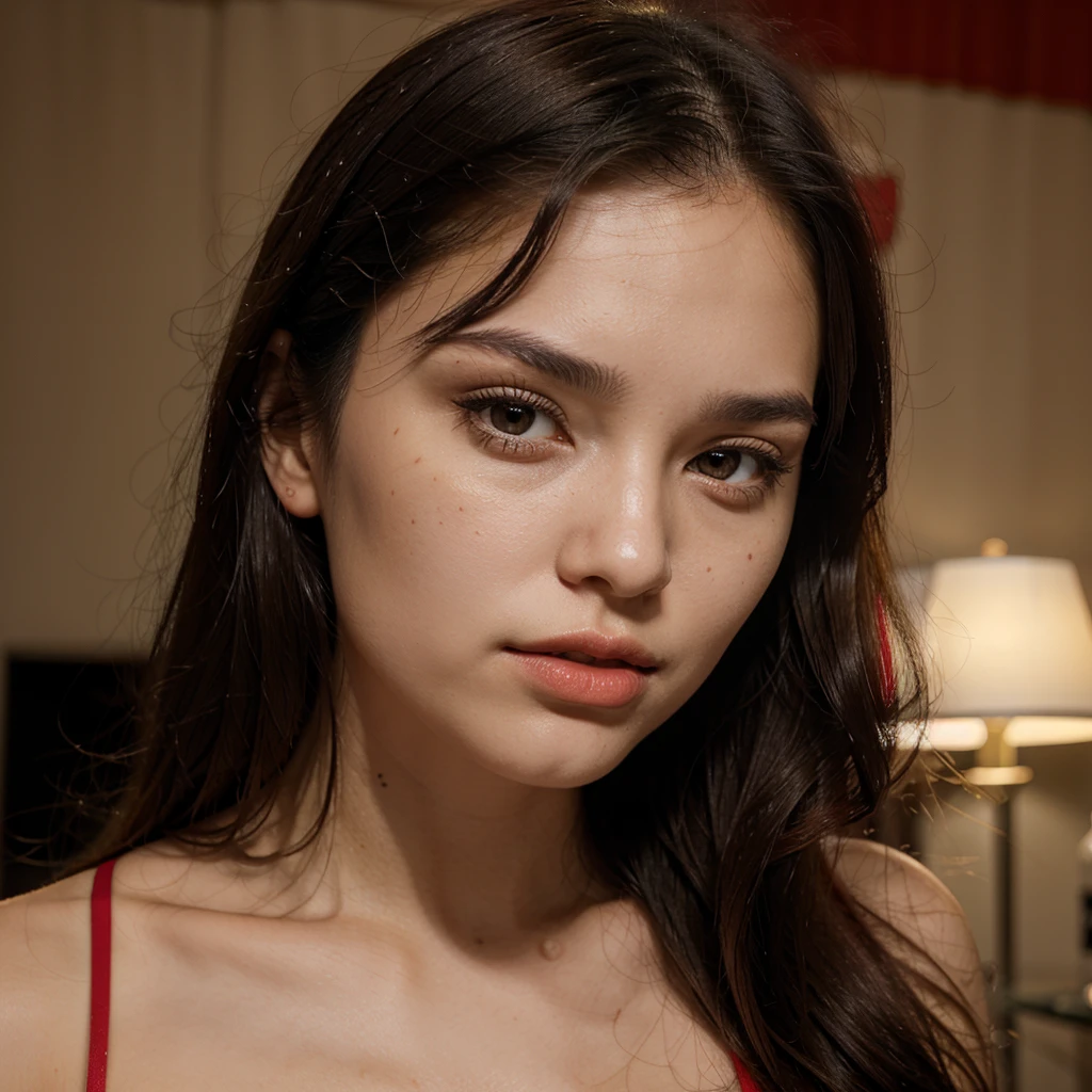 (front focus),(in the red:1.6), good lighting, Photocard, female, 19 years old, round face, slender skin, long wavy black hair, lots of hair, no bangs, black eyes, panda eyes, thick upper and lower lips, flat nose, thin eyebrows, 2 eyelid creases, eyes almond shape, there are moles under the left eye, left cheek and on the right cheekbone.