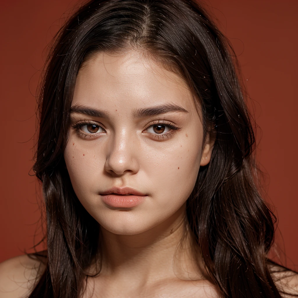 (front focus),(in the red:1.6), good lighting, Photocard, female, 19 years old, round face, slender skin, long wavy black hair, lots of hair, no bangs, black eyes, panda eyes, thick upper and lower lips, flat nose, thin eyebrows, 2 eyelid creases, eyes almond shape, there are moles under the left eye, left cheek and on the right cheekbone.