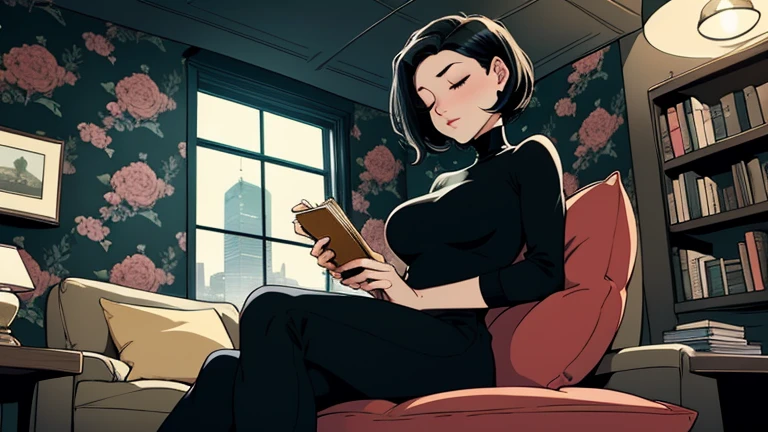 Beautiful woman in her 30s with short black hair is sitting on the sofa with her eyes closed. Looking down, eyes closed, LOFI girl, alone in the room, cozy wallpaper, big cushion, bookshelf, beautiful flowers, relaxing mood, night core, cozy, wide glass window with skyscrapers, outside view at night, only five fingers,