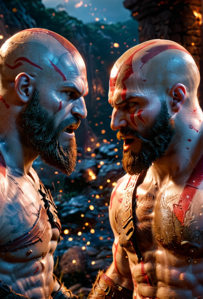 A highly detailed, realistic portrait of the character Kratos from God of War facing another character, a stylized, animated Kratos figure from the video game, dramatic lighting, cinematic composition, hyper-realistic, unreal engine, volumetric lighting, 8k, photorealistic, intricate details, sharp focus, masterpiece