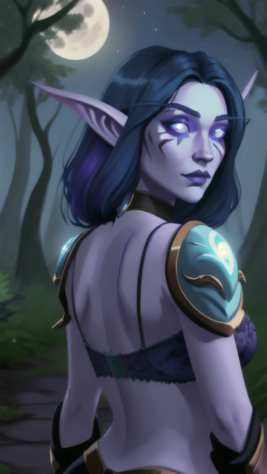 shenelf huntress, 1girl, navy blue hair, (violet skin:1.1), moon, (ashenvale forest:1.2), (facepaint:0.9), long elf ears, bra, feathered shoulder pads, glowing silver eyes, night, looking at viewer, pov, doggystyle, from behind, [person|Jasmine Tookes|Marion Cotillard|Frances McDormand|Julianne Moore] 