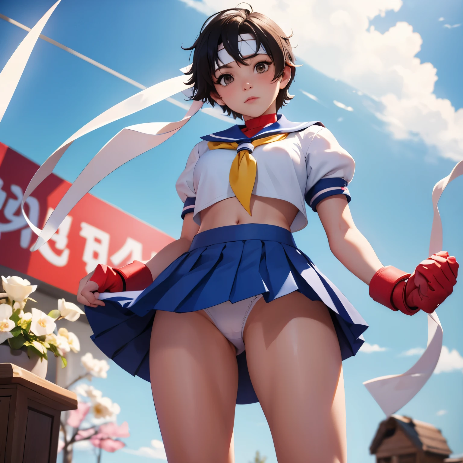 Sakura Kasugano open thighs bashful,white panties,shoot from below,Short black hair,ankle socks, blue skirt, crop top, headband, midriff, miniskirt, navel, sailor collar, , shoes, short sleeves, skirt, sneakers, socks, stomach, shirt, white shirt, white headband, gloves, red gloves,school sky,