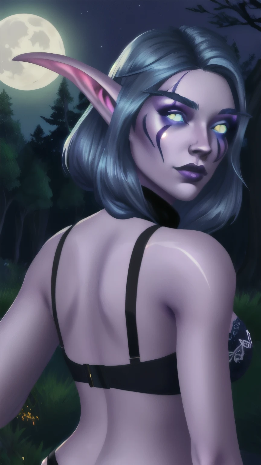 shenelf huntress, 1girl, navy blue hair, (violet skin:1.1), moon, (ashenvale forest:1.2), (facepaint:0.9), long elf ears, bra, feathered shoulder pads, glowing silver eyes, night, looking at viewer, pov, doggystyle, from behind, [person|Jasmine Tookes|Marion Cotillard|Frances McDormand|Julianne Moore] 