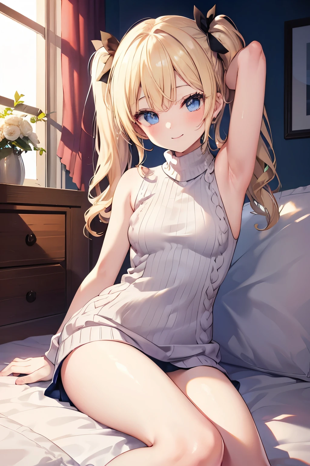 Blonde、blue eyes、girl、Small breasts、Twin tails、girl、Small breasts、Lolita、Bright smile、Looks about 、Petan Musume、short、目のhighlight、Sexy thighs、(length, High neck, Sleeveless sweater:1.3)、Show your armpits、Your eyes are so beautiful、highlight