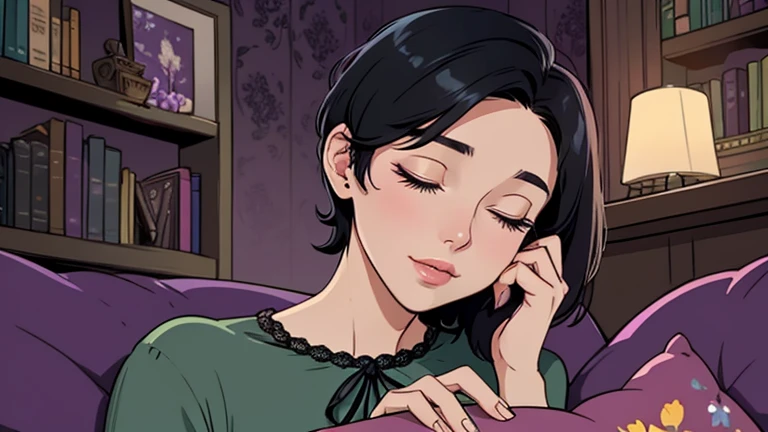 Beautiful woman in her 30s with short black hair is sitting on the sofa with her eyes closed. Looking down, eyes closed, LOFI girl, alone in the room, blouse, cozy wallpaper, big cushion, bookshelf, beautiful flowers, relaxing mood, night core, cozy, wide glass window with skyscrapers, outside view at night, only five fingers, dark room, purple wall,