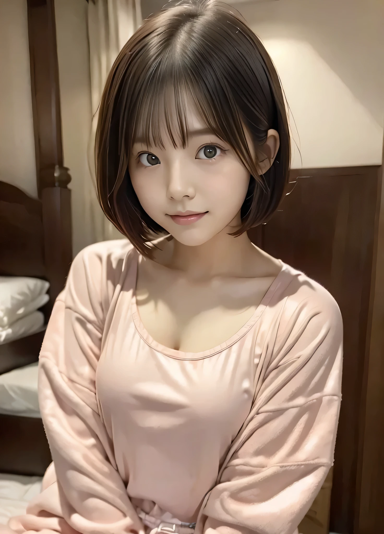 Bedroom、Cute Face、20-year-old、short hair、A pair of pink pajamas :1.5