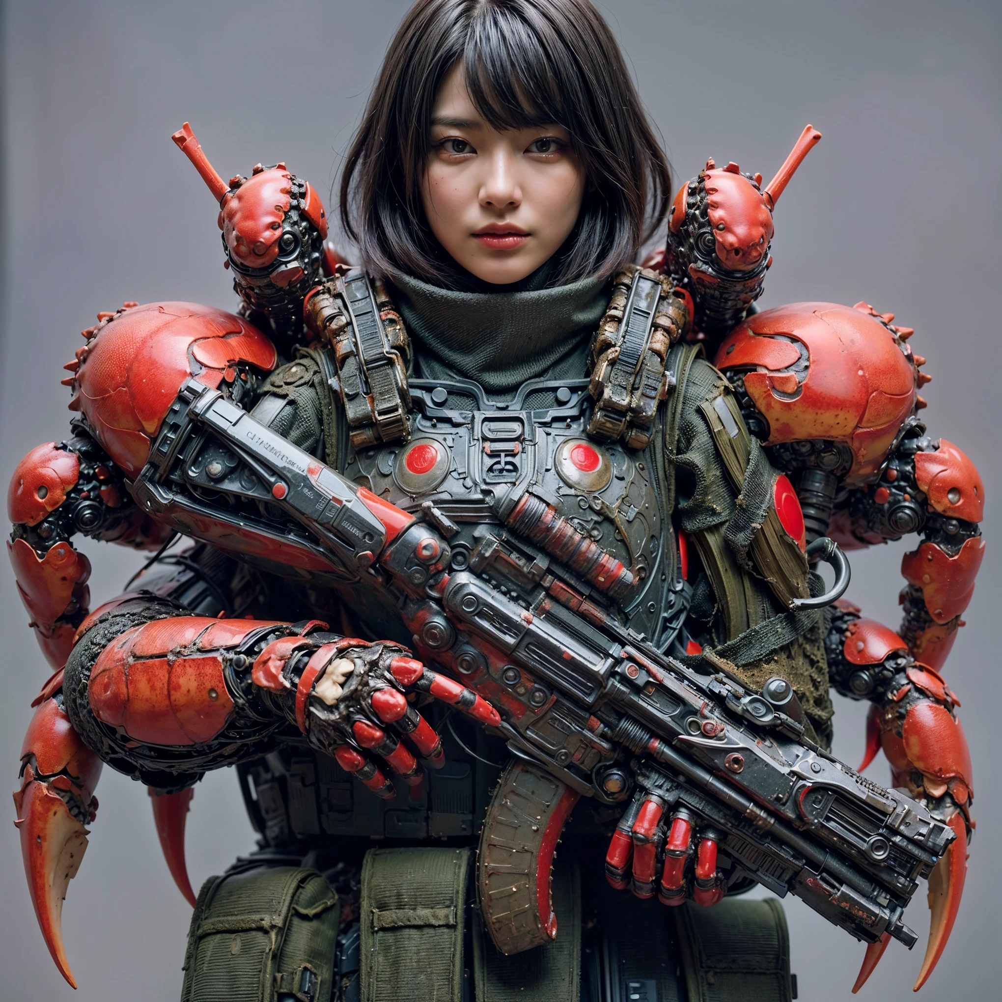 (top-quality:1.2, masterpiece), ultra high resolution, (Photorealsitic:1.4), (crab-base body),  1 Japanese female, extremely realistic face, (white hair), ((ultimately intricate all details)), (whole body picture), realistic shadow, octan render, glossy textures, character edge light, Details of complex ornaments,  dystopia with a beautiful view at night, fighting pose