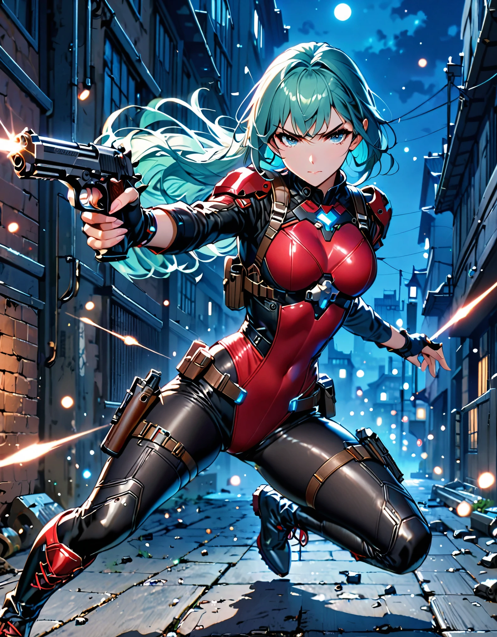 masterpiece, highly detailed, best quality, high quality, 1girl, (solo, solo focus), grey eyes, beautiful detailed eyes, beautiful detailed face, perfect hands, complete fingers, perfect anatomy, perfect proportions, long aqua hair, shooter, using Beretta 92FS, detailed shadows, detailed light, (black skintight bodysuit, red leotard, shoulder holster), (full black pantyhose, skintight black leggings), matching boots, full body, serious, full body costume design, dynamic action pose, nighttime.