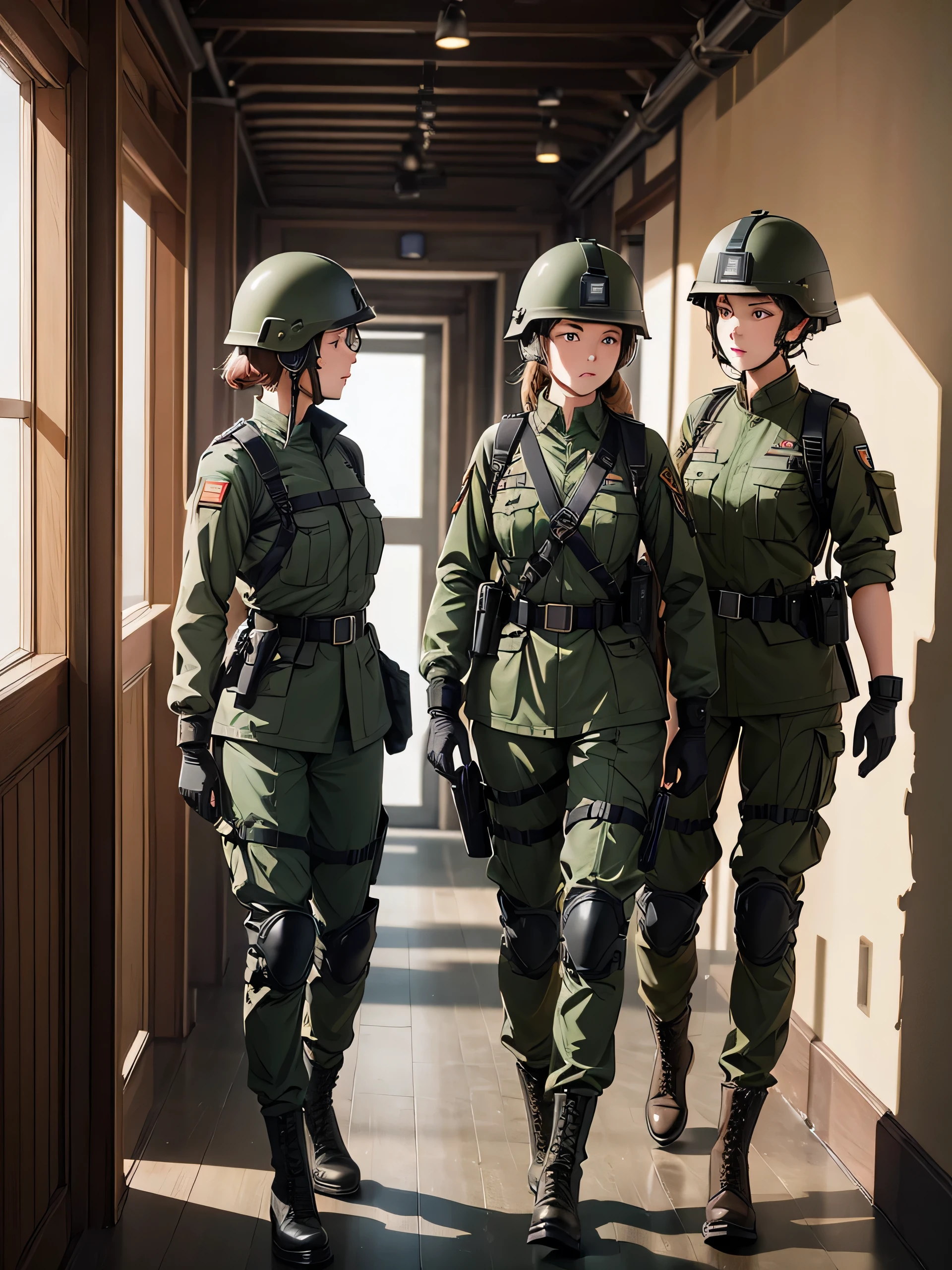 Two female soldiers in steel helmets,side by side,full-body shot,Interior corridors,patrol,Dark green military uniform,Brown belt,Black boots,Tactical gloves,Tactical harness,Write details、masterpiece、best quality、Highly detailed CG、8K picture quality、theater lighting、lens flare