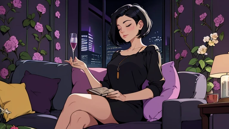 Beautiful woman in her 30s with short black hair is sitting on the sofa with her eyes closed. Looking down, eyes closed, LOFI girl, alone in the room, blouse, cozy wallpaper, big cushion, bookshelf, beautiful flowers, relaxing mood, night core, cozy, wide glass window with skyscrapers, outside view at night, only five fingers, dark room, purple wall,