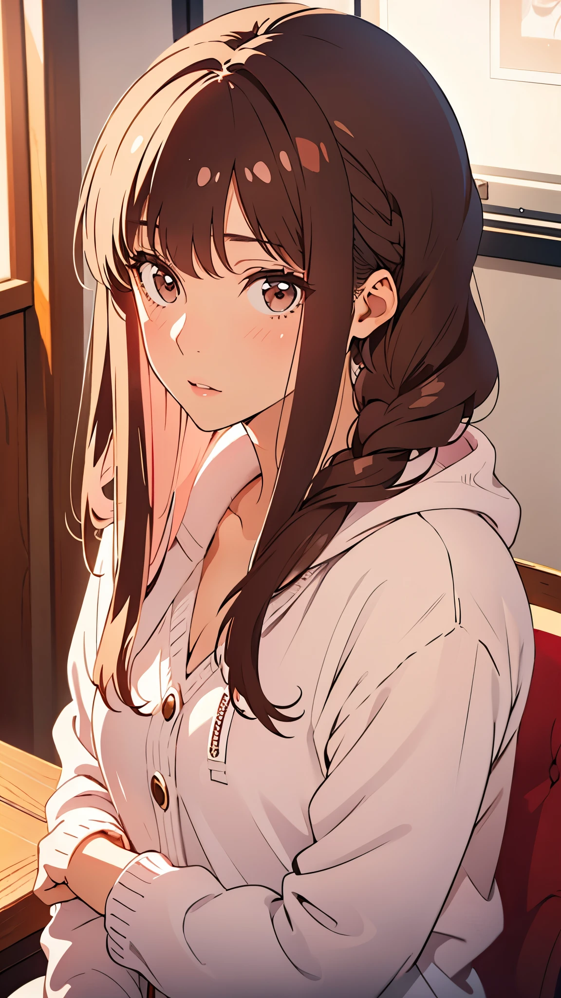Girl, long brown hair, light brown eyes, sharp features, white skin, pink lips, sweater, coat