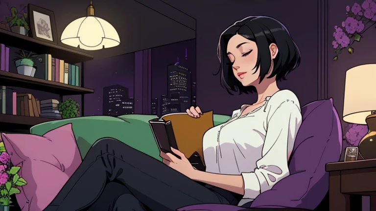 Beautiful woman in her 30s with short black hair is sitting on the sofa with her eyes closed. Looking down, eyes closed, LOFI girl, alone in the room, blouse, cozy wallpaper, big cushion, bookshelf, beautiful flowers, relaxing mood, night core, cozy, wide glass window with skyscrapers, outside view at night, only five fingers, dark room, purple wall,