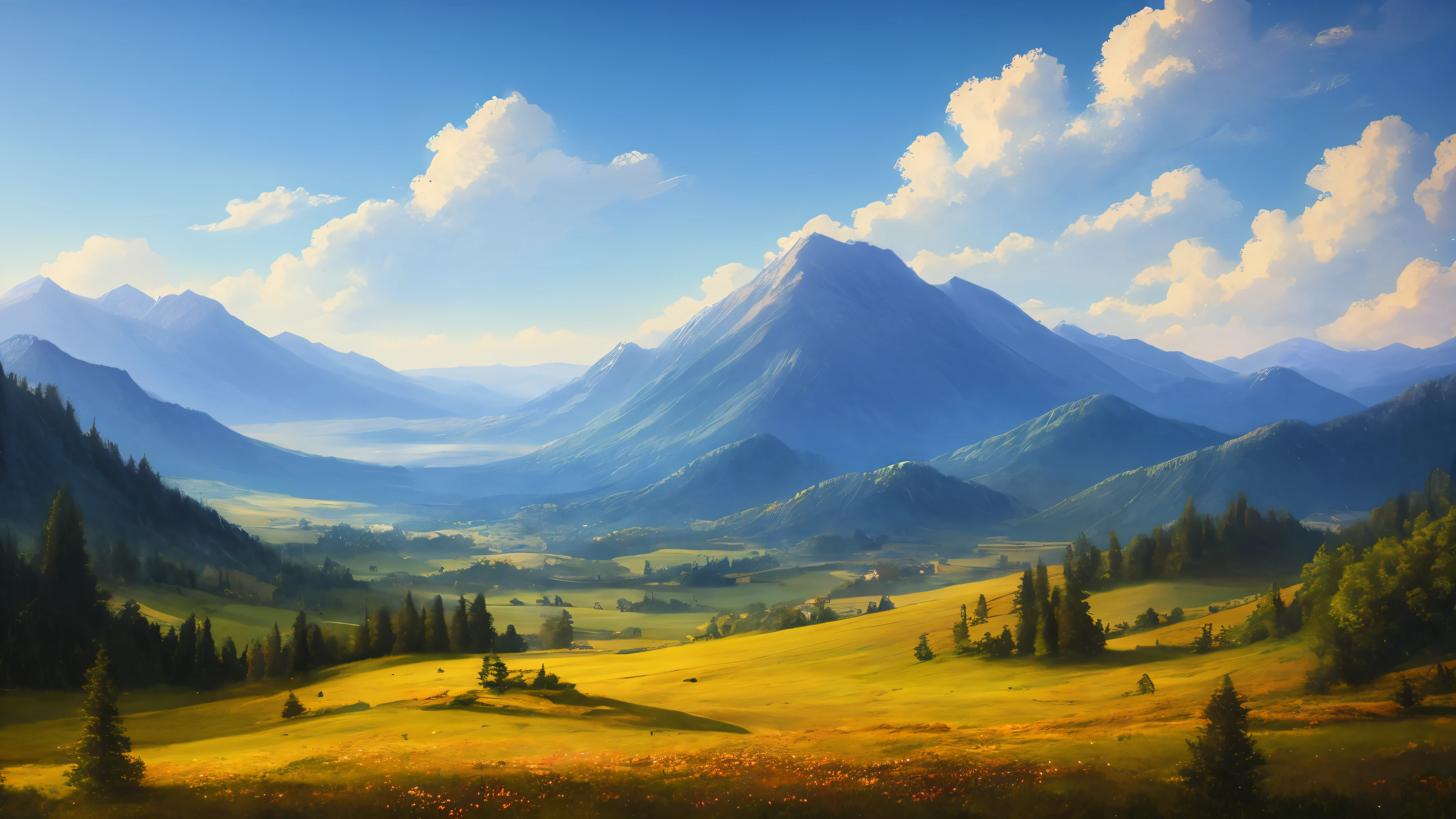 Landscape of the mountain , vintage, Dreamy, drawing, trending on artstation, UHD,  Atmosphere, brightness