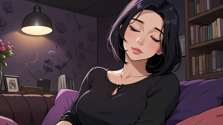 Beautiful woman in her 30s with short black hair is sitting on the sofa with her eyes closed. Looking down, eyes closed, LOFI girl, alone in the room, blouse, cozy wallpaper, big cushion, bookshelf, beautiful flowers, relaxing mood, night core, cozy, wide glass window with skyscrapers, outside view at night, only five fingers, dark room, purple wall, Well-proportioned face