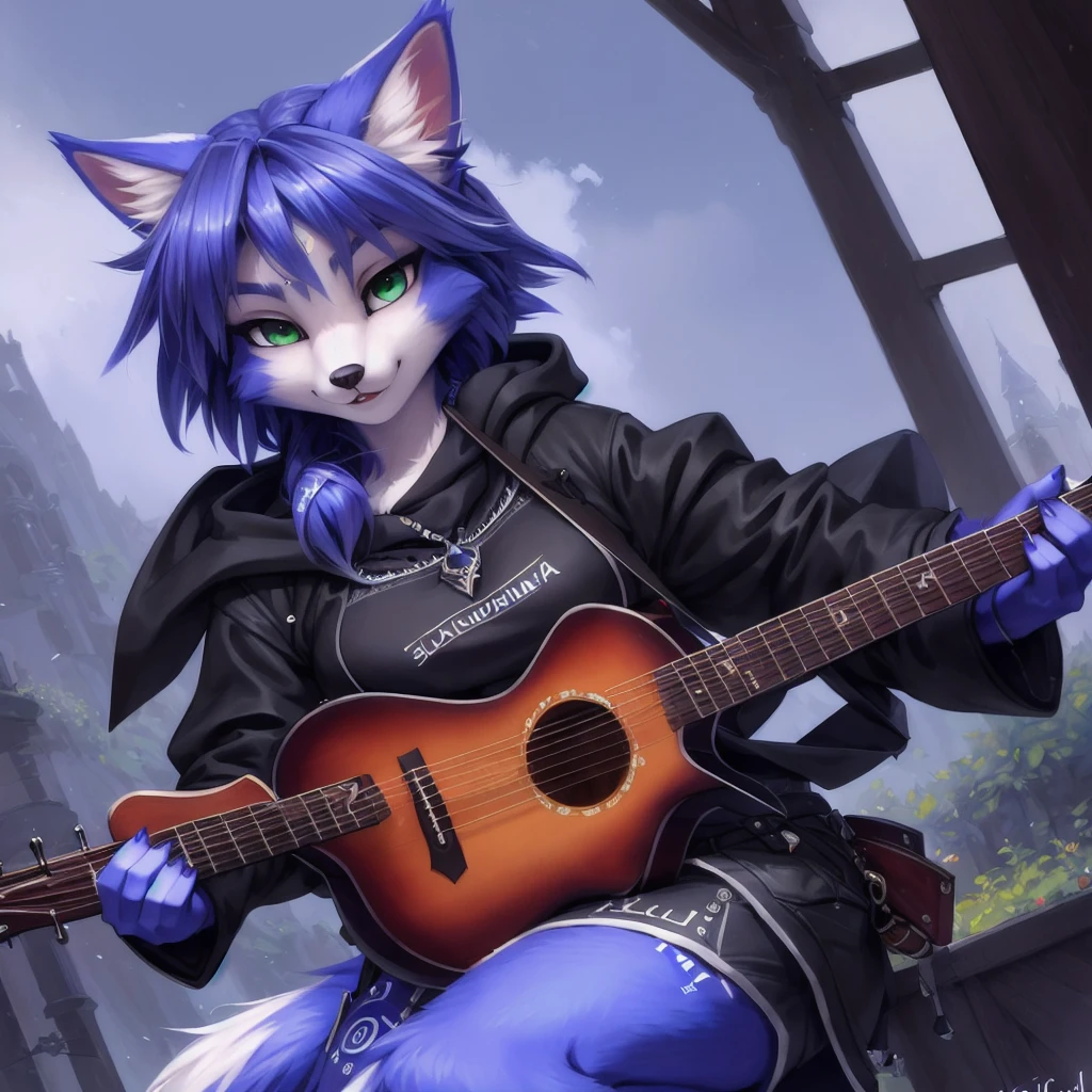 A beautiful and detailed (sweet portrait) von ((Krystal)), Sternenfuchs Krystal, Schlank, liebenswert, green eyes, medium breasts, (((Lange blaue Haare 1.3))),  ((schwarze haarspitzen)), Dekollete, Grinsen, hoch schauen,, anthro, Pelzig, Hochgeladen E621, detailed flauschige fur, (von Fluff-Kevlar, Bayard Wu, Personalami, Pino Daeni), detailliertes Gesicht, (flauschige), 1 girl, Allein, wears a Gakuran , befindet sich in einer schule, spielt gitarre, solo