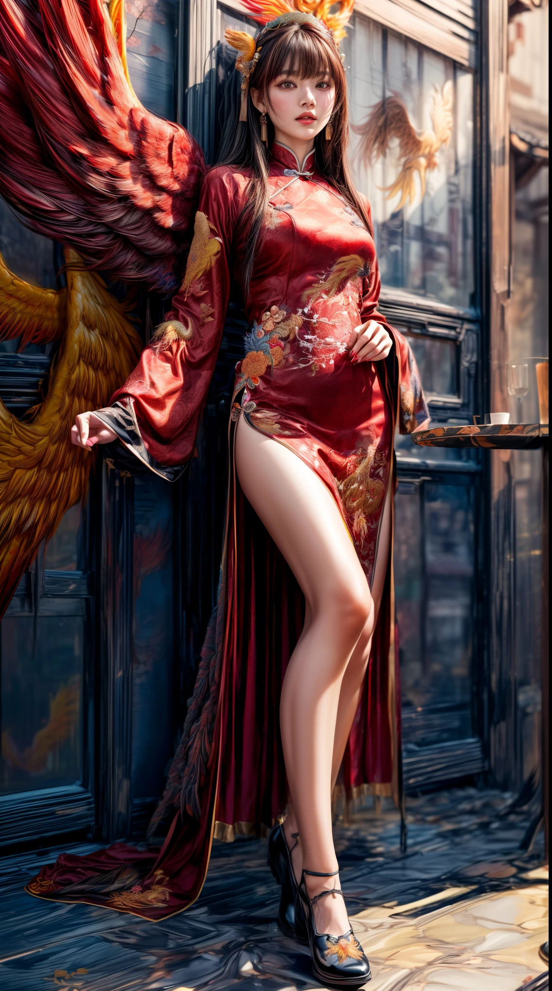 Mature Woman、(Red hair)、((Black Hair))、(((Two-tone hair)))、(((A Chinese dress with delicate embroidery of phoenixes)))、((((A wall painted with a phoenix))))、Slender women、Cute Woman、 8K Ultra HD,Detailed face、Delicate texture, Long Hair、(((Blunt bangs)))、Thigh-length stockings、Kung Fu Shoes、mini skirt、Chinese atmosphere、((Delicate photo))，(Girl Astepeace RAW Photo Details:1.25), (highest quality:1.6), (超A high resolution:1.5), (Realistic:1.75), 8K resolution, Canon EOS R5, 50mm, Absurd, Very detailed,Cinema Lighting