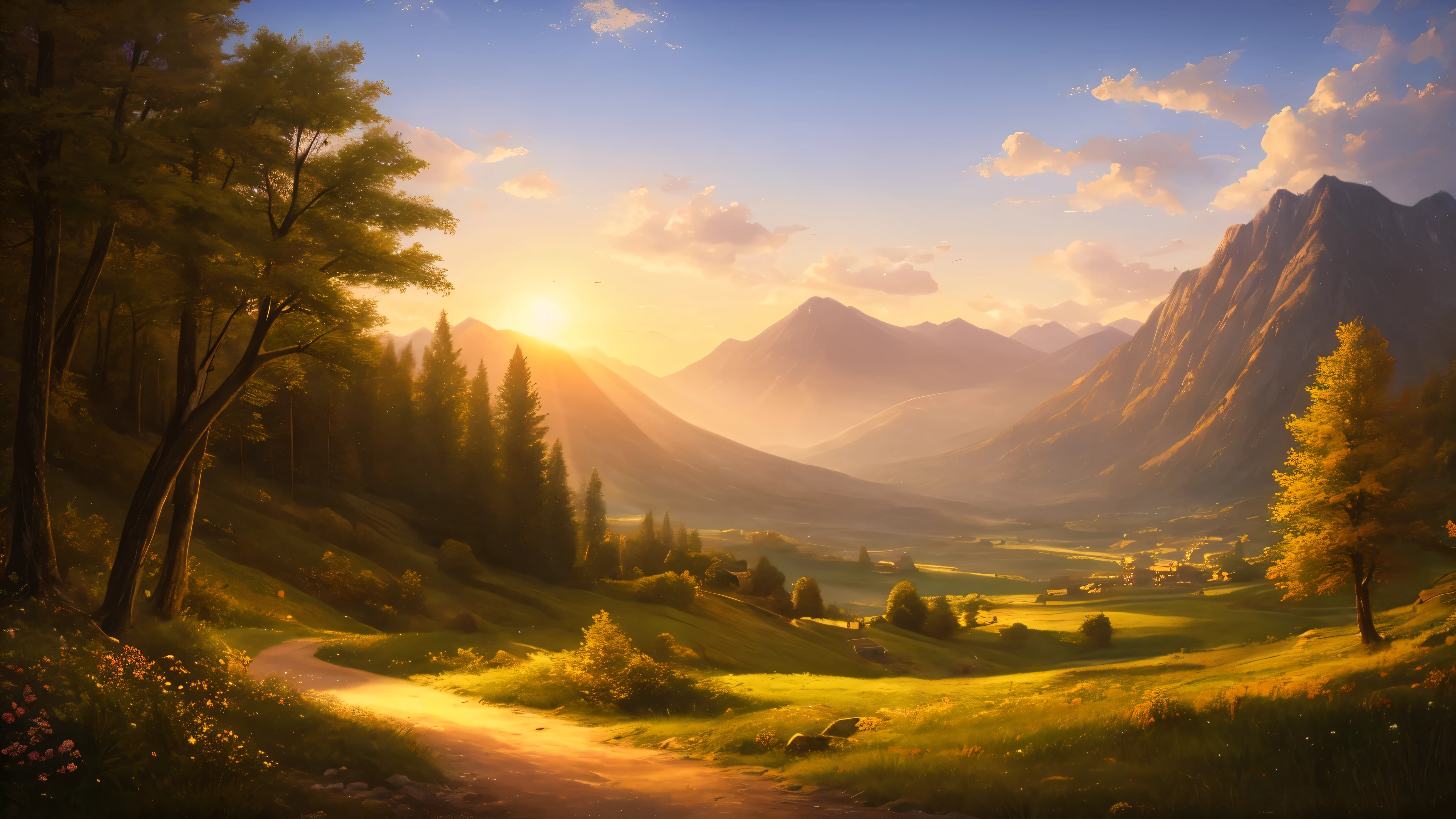 Landscape of the mountain , vintage, Dreamy, drawing, trending on artstation, UHD, Atmosphere, brightness