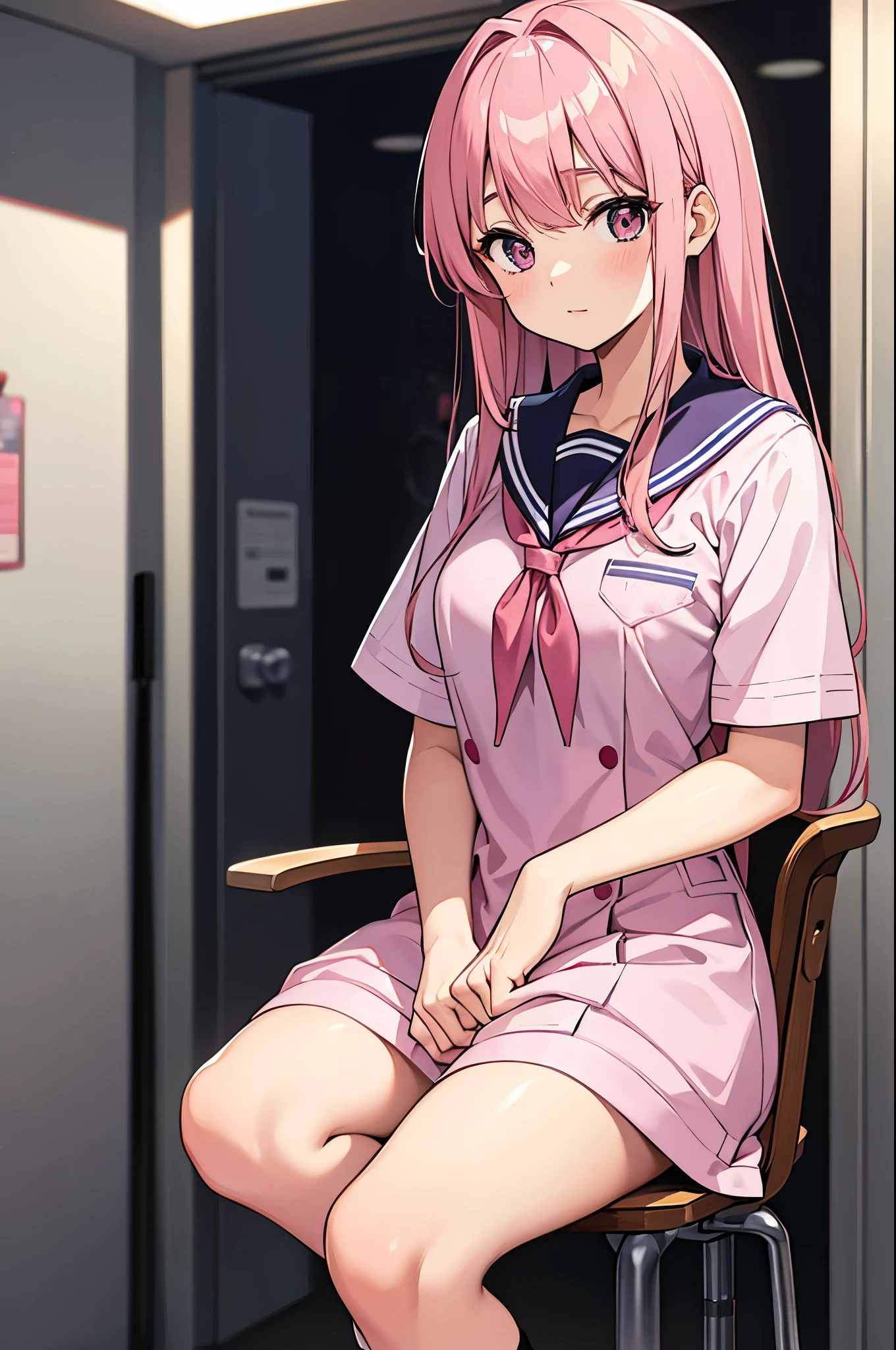 A pink-haired high school girl in a sailor uniform who is unwell and stays in the nurse's office until late at night、Moon and Stars