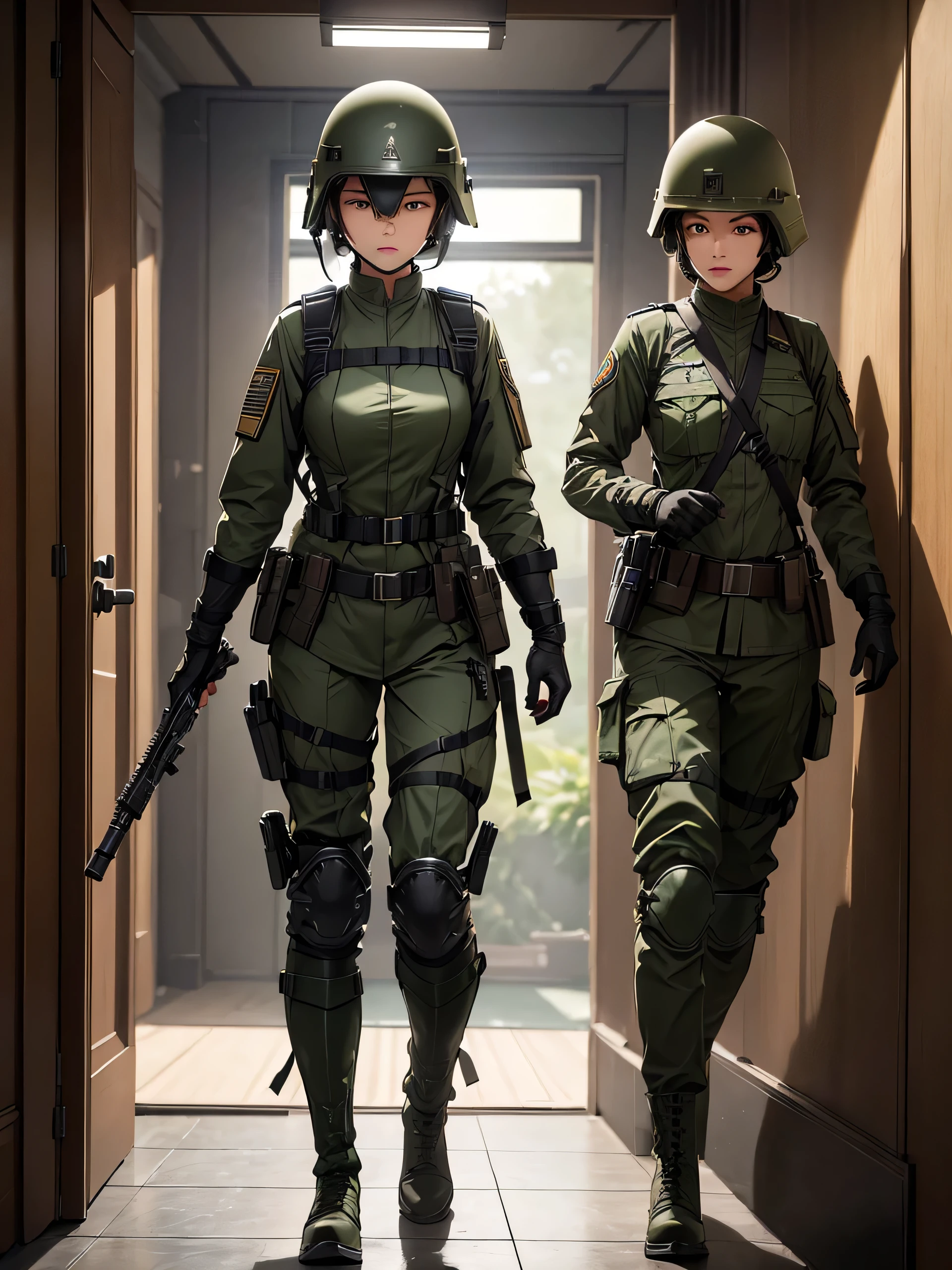 Female Helmet Troops,Dark green military uniform,Close-up photo,front,Interior corridors,Investigation and questioning,Brown belt,Black boots,Tactical gloves,Tactical harness,Write details、masterpiece、best quality、Highly detailed CG、8K picture quality、theater lighting、lens flare