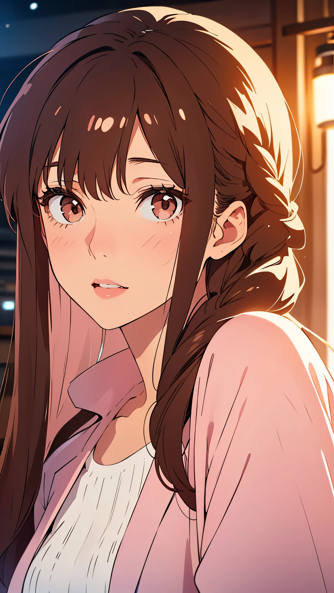 Girl, long brown hair, light brown eyes, sharp features, white skin, pink lips, sweater, coat
