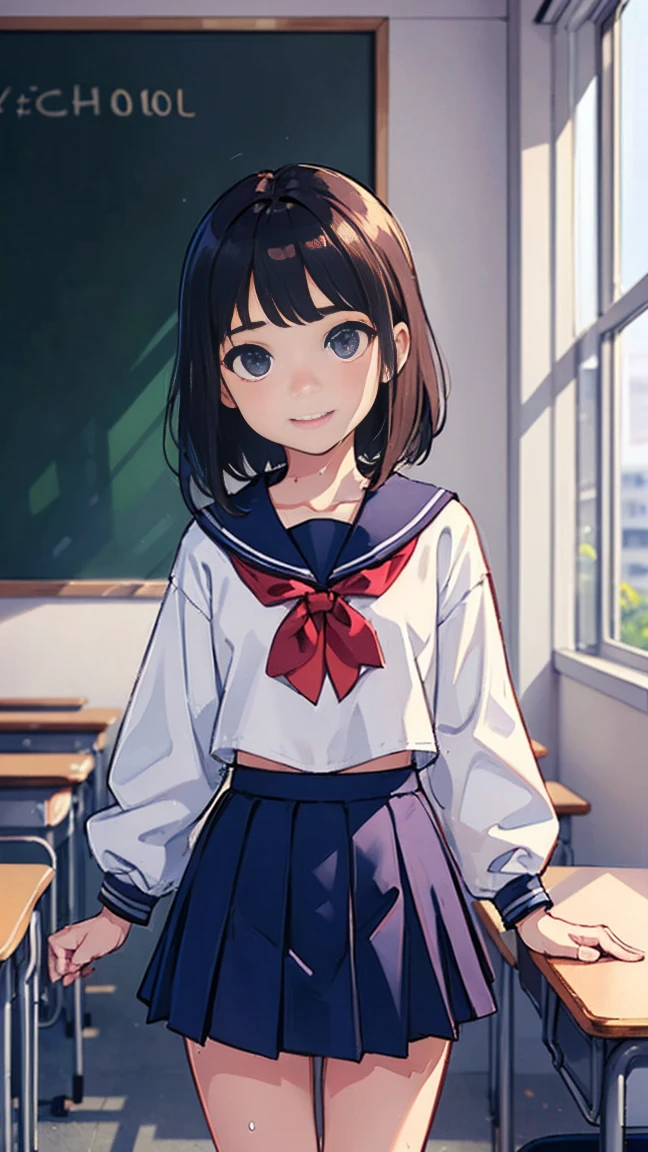 (masterpiece, highest quality:1.2), 8K, young beautiful girl, 85mm,Official AR RAW Photos, baby face、 flat chest、nipples sticking out on clothes, Hairless pussy, show me your pussy、photo shoot, cute face, petit,skinny,slender, After school classroom, looking at the viewer, embarrassing、smile、no makeup, film grain, chromatic aberration, sharp focus, face light, clear lighting, Ten generations, detailed face, background bokeh、((((((10 year old high school girl))))))、thin waist、wet transparent white sailor suit、navy blue mini skirt、Lift up the skirt with one hand'hand、 No bra,no panties、Wet、open your legs wide