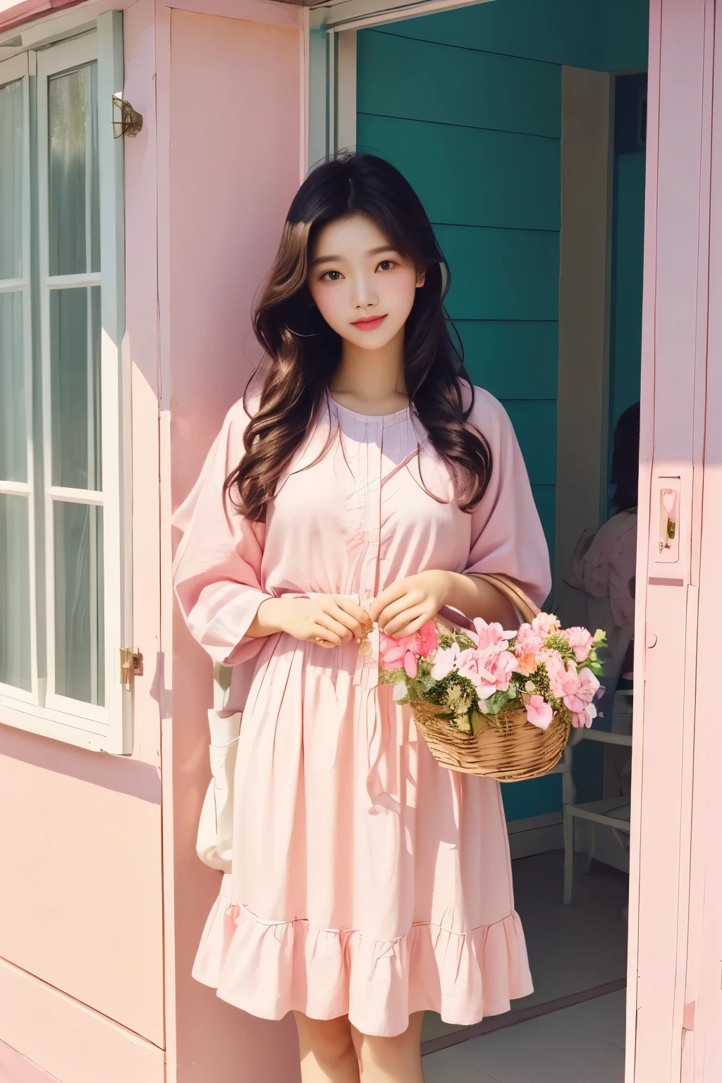 There is a woman standing by the window holding a flower basket., Full body cute lady, pastel colors, Feminine with cute pastel tones, pink clothes, In pastel tones, In soft pink color, Summer morning sunshine, pastel clothing, Against the backdrop of natural light, Korean female fashion model, feminine In pastel tones, (Highly detailed facial expressions),