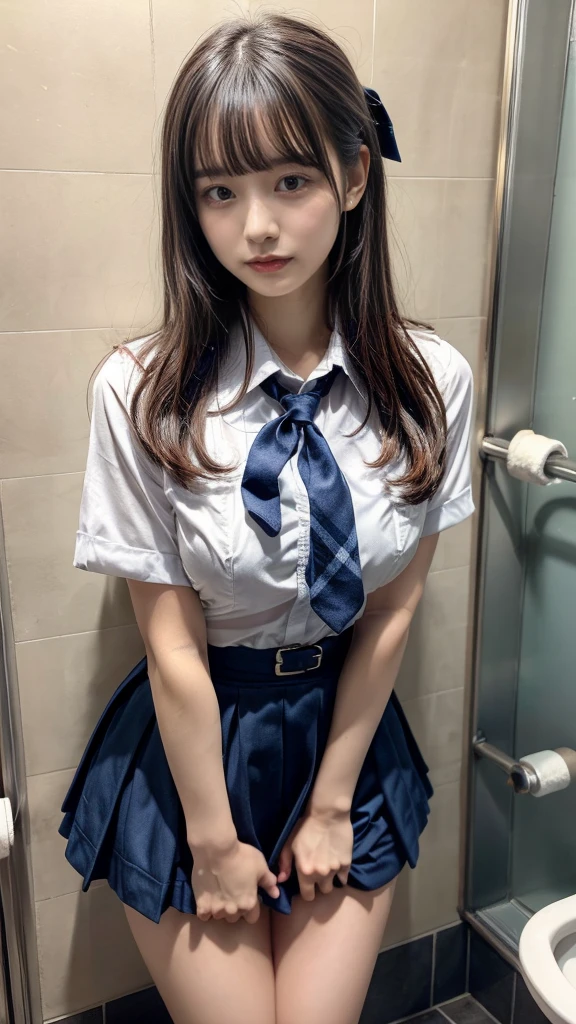 masterpiece, best quality, illustration, Super detailed, fine details, High resolution, 8K,wall paper, perfect dynamic composition,(Details High quality, realistic depiction of eyes:1.3), leaning forward, restroom, ((toilet bowl, put one's hands on the toilet)),High school girl uniform、Super Short Check Uniform Skirt、Navy blue high socks、garterbelts、Colossal tits、Disturbed uniform, Straight bangs, black hair color, large breasts, Big Natural Color Lip, (perfect body shape), crying a little、cold gaze, Harajuku style、20 year old girl、cute type, beautiful legs, hposing Gravure Idol