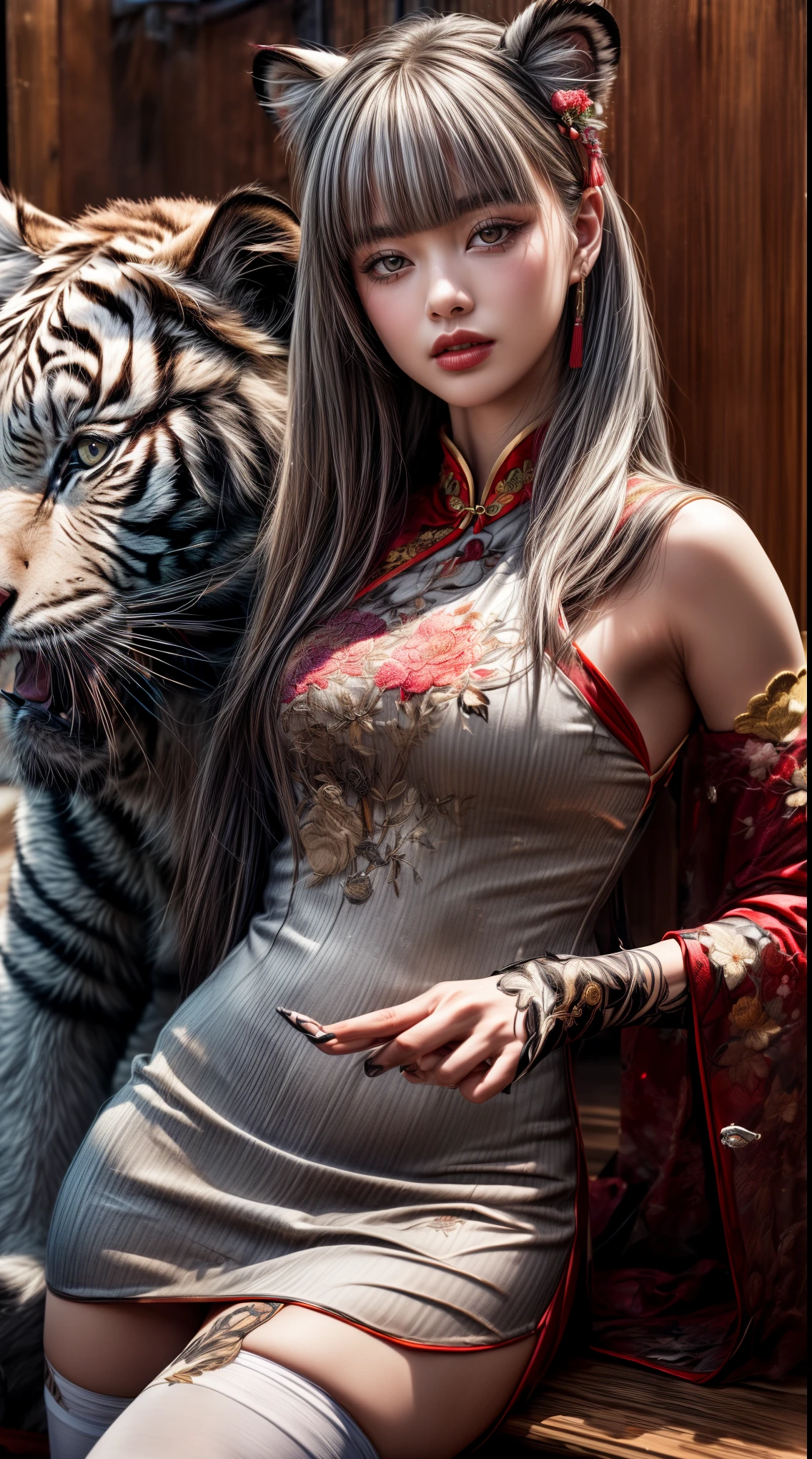 Mature Woman、((Gray Hair))、(((Two-tone hair)))、((A Chinese dress embroidered with the image of a white tiger))、((A wall with a white tiger painted on it))、Slender women、Cute Woman、 8K Ultra HD,Detailed face、Delicate texture, Long Hair、(((Blunt bangs)))、(Thigh-length stockings)、mini skirt、Chinese atmosphere、((Delicate photo))，(Girl Astepeace RAW Photo Details:1.25), (highest quality:1.6), (超A high resolution:1.5), (Realistic:1.75), 8K resolution, Canon EOS R5, 50mm, Absurd, Very detailed,Cinema Lighting