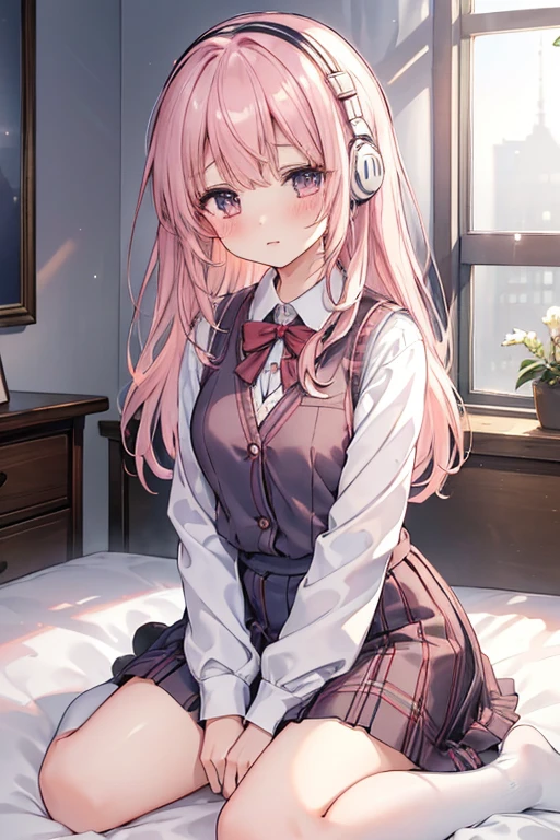 (8k、highest quality、masterpiece:1.2)、Illustration touch、Ultra-detailed、Super A High Resolution、Light pink hair、long hair、Headphones、One woman in uniform、clear、High 、White long sleeve blouseとnavy blue sweater vest、White long sleeve blouse、The blouse is buttoned、small red ribbon on the chest、navy blue sweater vest、Red tartan check skirt、赤タータンチェックmini skirt、mini skirt、White Pantyhose、delicate、On my knees、She is on all fours on the bed with her hips raised.、Grabbing the sheets、Inner thighs、White panties、Blushing with a crying expression