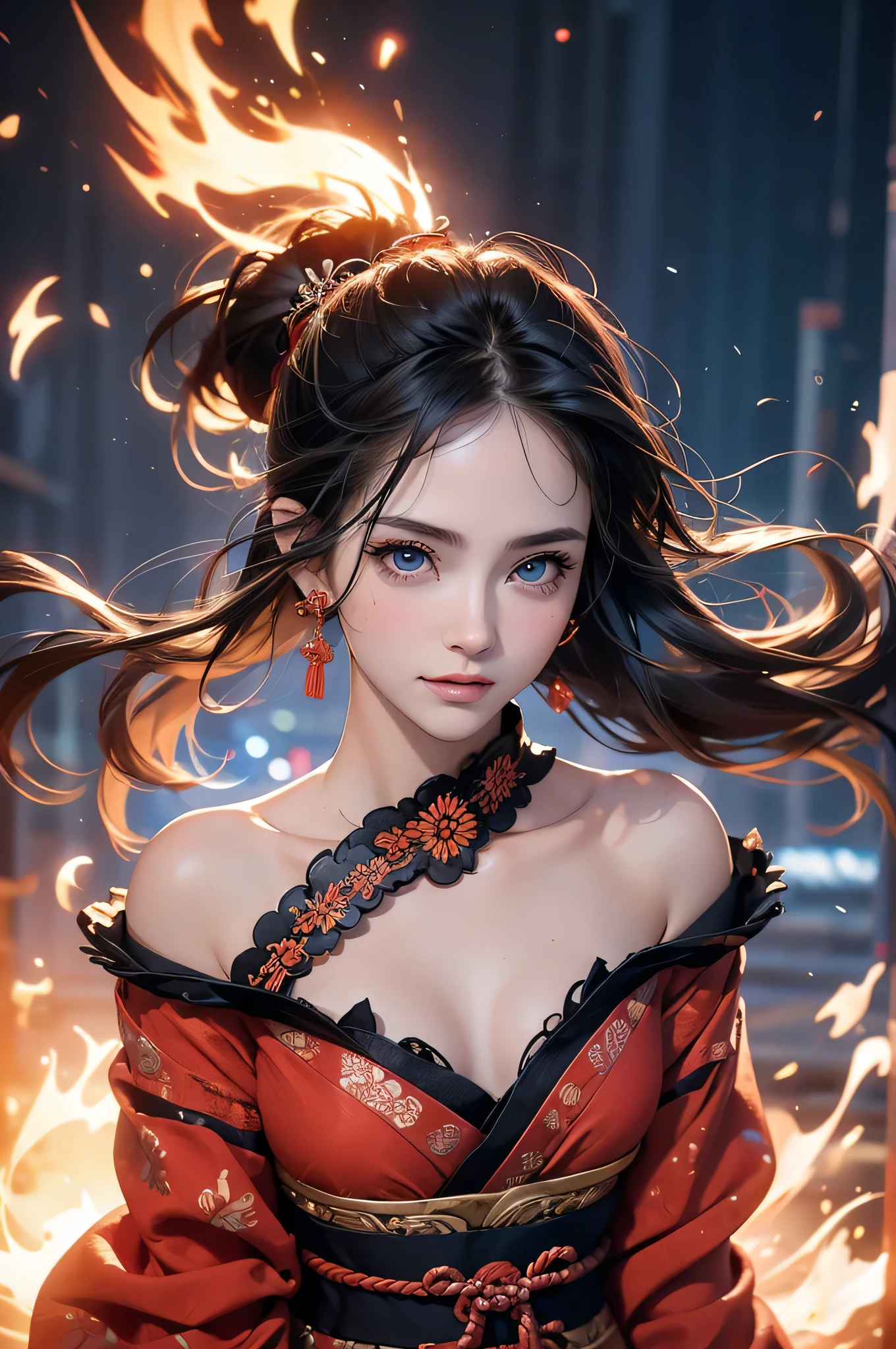 (RAW shooting, Photoreal:1.5, 8k, highest quality, masterpiece, ultra high resolution), Sengoku, Japanese architecture on fire:1.3, Wars flaring up everywhere:1.3, perfect dynamic composition:1.2, Highly detailed skin and facial textures:1.2, Slim female samurai with a sharp Japanese sword:1.3, Fight:1.2, beautiful and aesthetic, cute and sexy beauty, perfect style:1.2, wear elaborate rings, fire, water, Wind, thunder, ice, Fair skin, very beautiful face, (Medium chest, Chest gap), (embarrassing smile, The expression on your face when you feel intense caress, Facial expression when feeling pleasure), (Wearing a sexy Sengoku uniform:1.1, off shoulder), (beautiful blue eyes, Eyes that feel beautiful eros:0.8), (Too erotic:0.9, Bewitching:0.9), full body shot