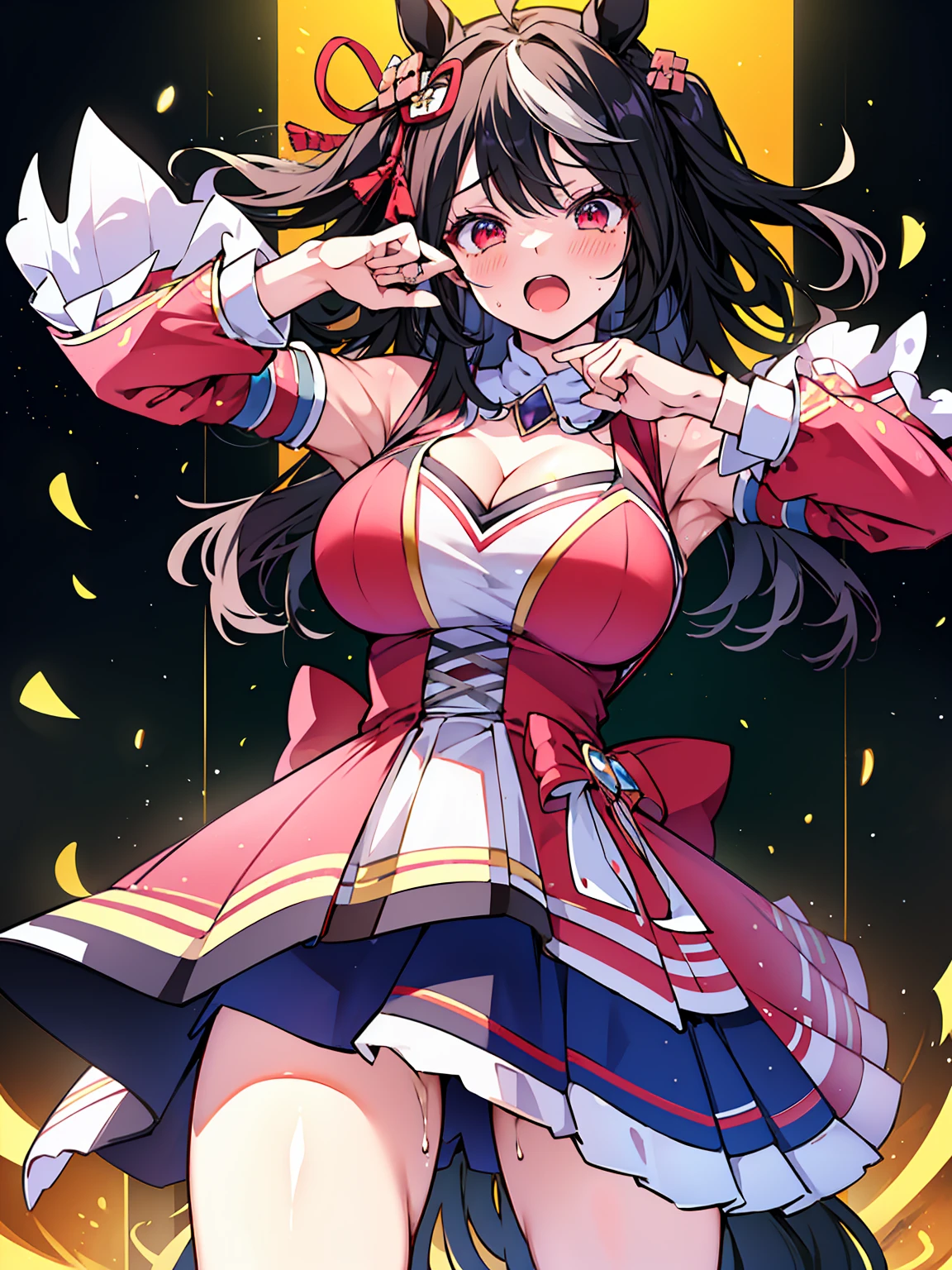 dance、Live Stage、A large number of horse girls、Beautiful woman、Very thick thighs、Best image quality、High resolution、masterpiece、super high quality、Screaming orgasm face、Very big ass、Very large breasts 、Blushing、4K quality、Sweaty all over、Heavy breathing、Cowboy Shot、Shaking breasts、上下にShaking breasts、Cowboy Shot、{highest quality}, {so beautiful}, {Super detailed}, {Best illustrations}, Browsing Caution, girl,