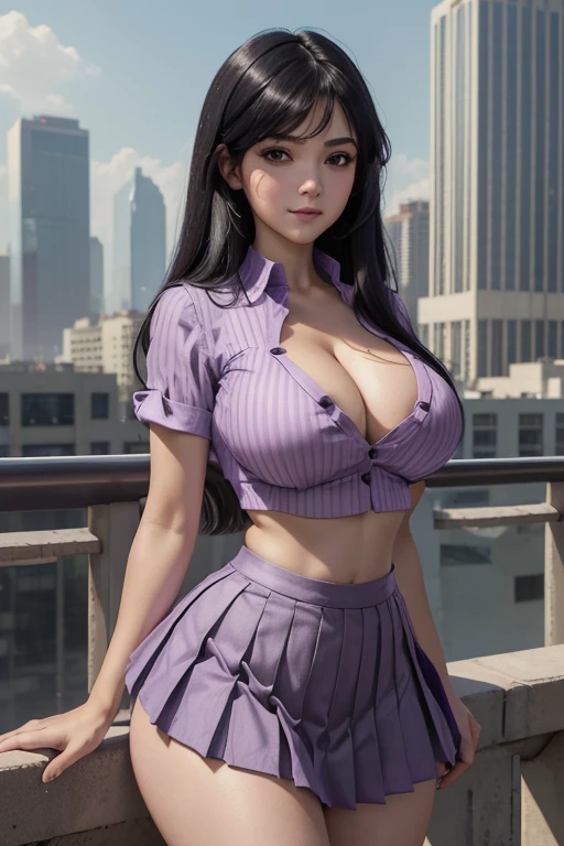 (masterpiece), best quality, expressive eyes, perfect face, (city background), (shy), (smirk), (cleavage view), (1girl, age 18+, belle delphine, fair skin, black hair, long straight hair with bangs, bangs covering one eye hairstyle, brown eyes, hourglass figure, thin body, skinny body, petite_body, large breasts, huge breasts, oppai, large cleavage, wide hips, thick thighs), ((light_purple button shirt), exposed cleavage, croptop, short sleeve, (pleated skirt)), bmb-fc,
