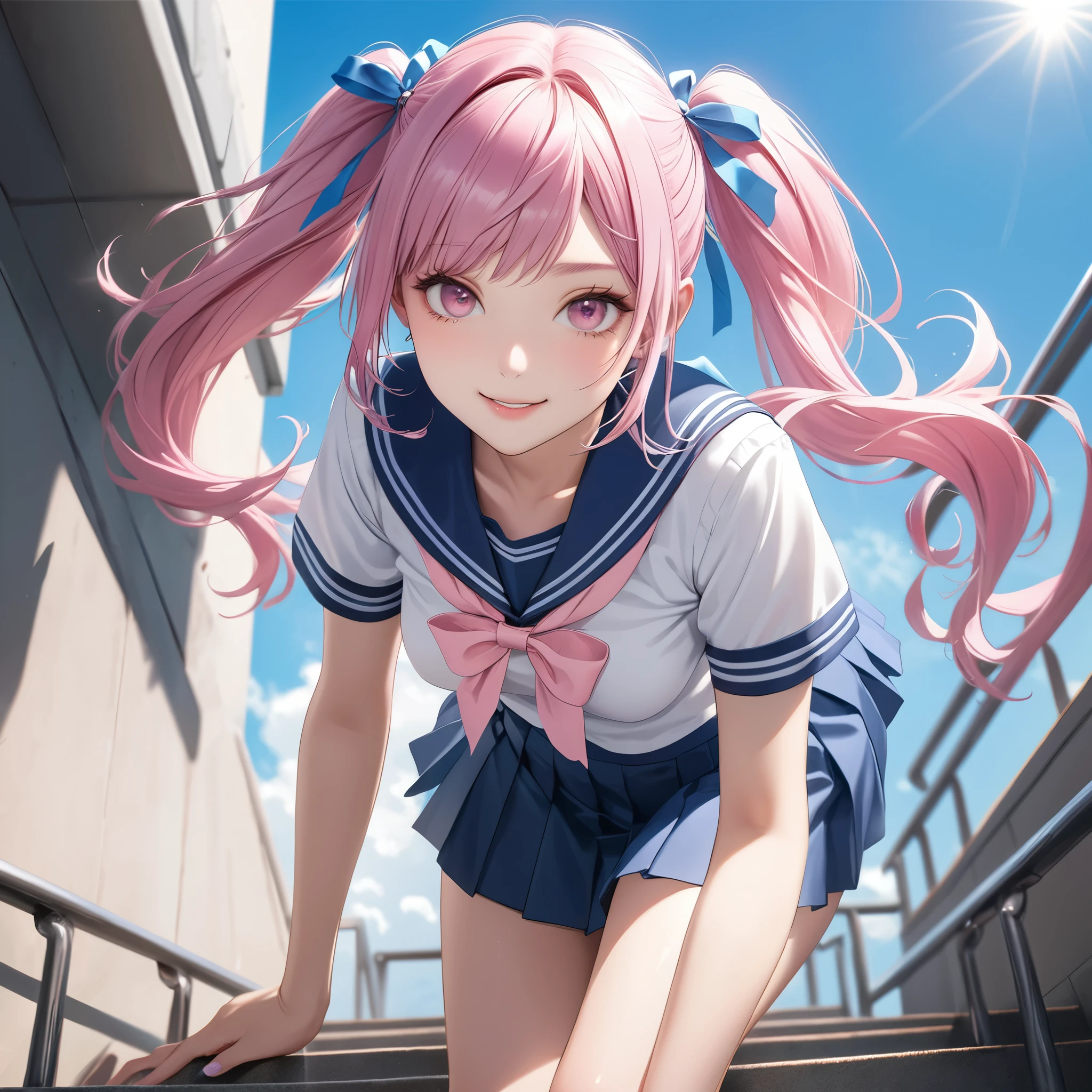 (8K, masutepiece, Best Quality, Official art, beautiful detailed, beautiful lighting, best masterpiece in history that exceeds limits), (1 Girl, Solo), (sixteen years old), (beautiful detailed face), (shiny white skin), (Beautiful big bust:1.3), (thighs, navel), (beautiful detailed pink twin tails hair, Bangs:1.3), (beautiful detailed drooping pink eyes:1.5), break,
(high school uniform:1.3), (patsel blue sailor collar, white short sleeves short length outing shirt, pastel blue pleated skirt, pastel blue ribbon:1.3), (happy smile:1.2), (Attractive, sensational, Look at the camera, cute pose, standing), breathtaking scenery, (ultra detailed realistic Beautiful high school, stairs, blue sky, wind:1.2),