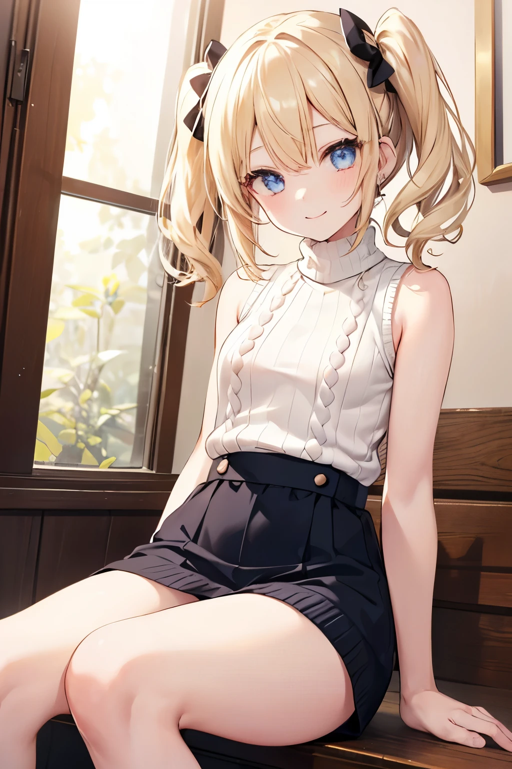 Blonde、blue eyes、girl、Small breasts、Twin tails、girl、Small breasts、Lolita、Bright smile、Looks about 15 years old、Petan Musume、short、目のhighlight、Sexy thighs、(length, High neck, Sleeveless sweater:1.3)、Show your armpits、Your eyes are so beautiful、highlight