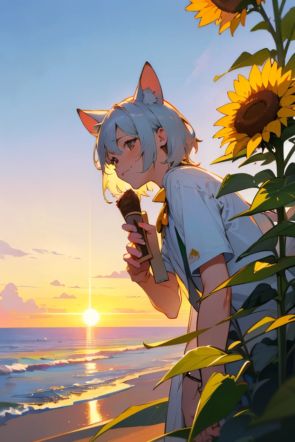 seaside at Sunset,Chocolate Mint Ice Cream,Holding ice cream,sunflower,(hydrangea),超High resolution, retina, masterpiece, Accurate, Anatomically correct, Rough skin, Very detailed, Advanced Details, high quality, Awards, 最high quality, High resolution, High resolution, 4K,(anime,8k,masterpiece, 最high quality, 最high quality,beautifully、beautiful:1.2,Professional Illustration:1.1,Very detailed:1.3,Perfect lighting),Very detailed,Most detailed,High resolution,Cute pose,A cute boy, Cat ear,Silver Hair,short hair,Upper Body,smile,1 animal,deer