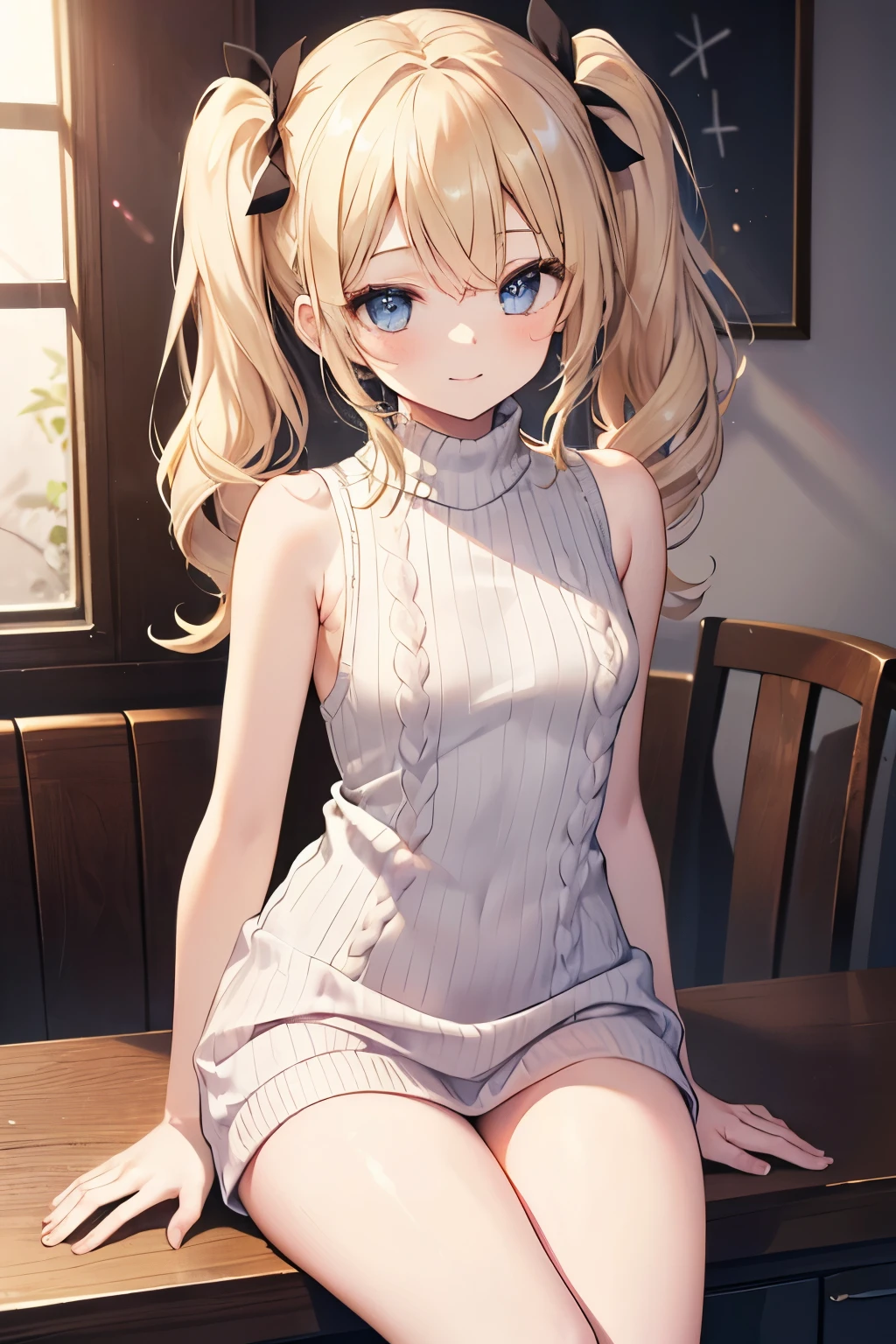 Blonde、blue eyes、girl、Small breasts、Twin tails、girl、Small breasts、ta、Bright smile、Looks about 15 yan Musume、short、目のhighlight、Sexy thighs、(length, High neck, Sleeveless sweater:1.3)、Your eyes areeautiful、highlight