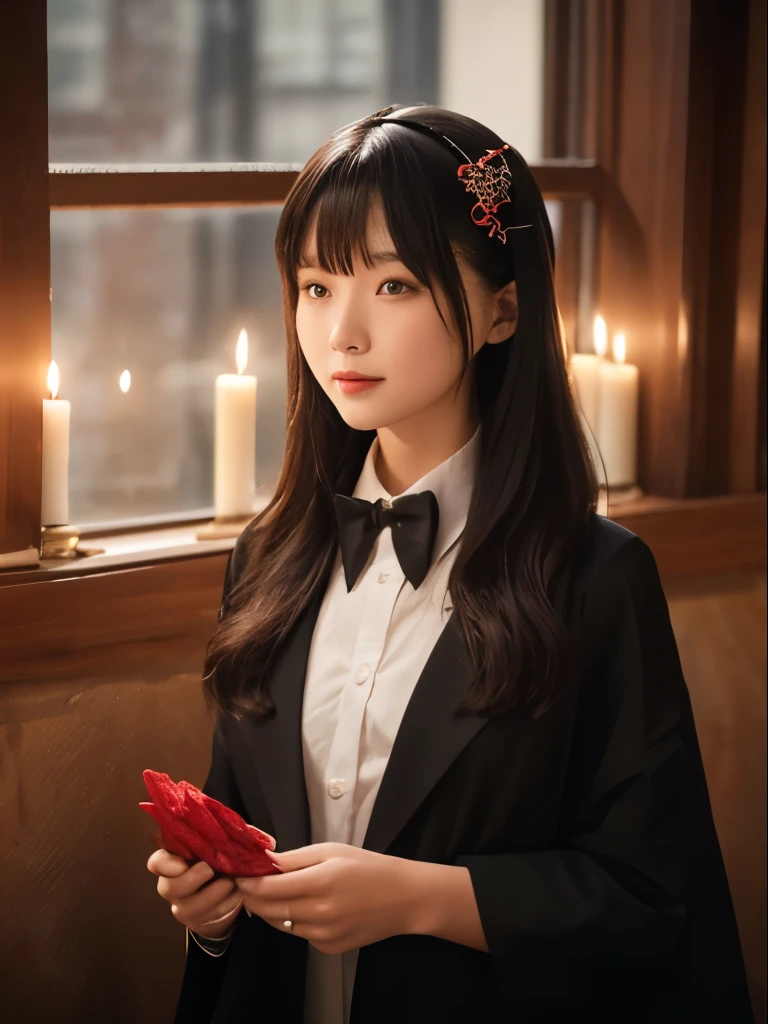 masterpiece, highest quality, Exquisitely crafted, woman, beautiful, elegant, smile, Blood, iridescent lI have long hair, bangs, bow, hair bow, skirt, shirt, Long sleeve, Frills, shoes, bowtie, (Red and Black:1.4), flower, Spooky, Horror, 頭蓋Bones, I have long hair, Black Hair, Candles, Blood, hair flower, alone, hair ornaments, Bone, Sitting, doll, 頭蓋Bone, skeleton, Horror (theme)
