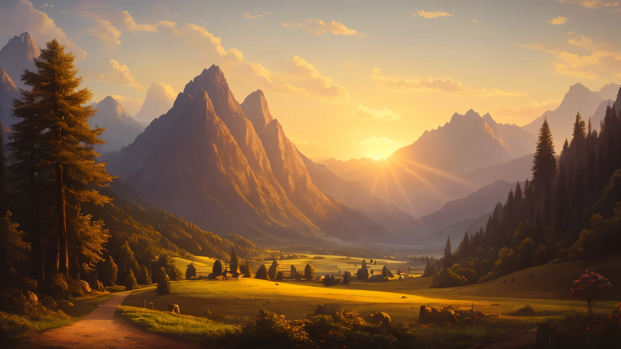 Landscape of the mountain , vintage, Dreamy, drawing, trending on artstation, UHD, Atmosphere, brightness