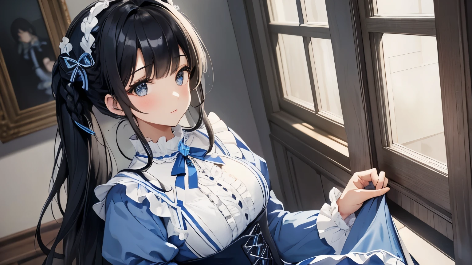 A beautiful woman wearing a blue and white sweet lolita dress with lots of frills and lace　Long sleeve　Black hair braid with hair ornament　Upper Body