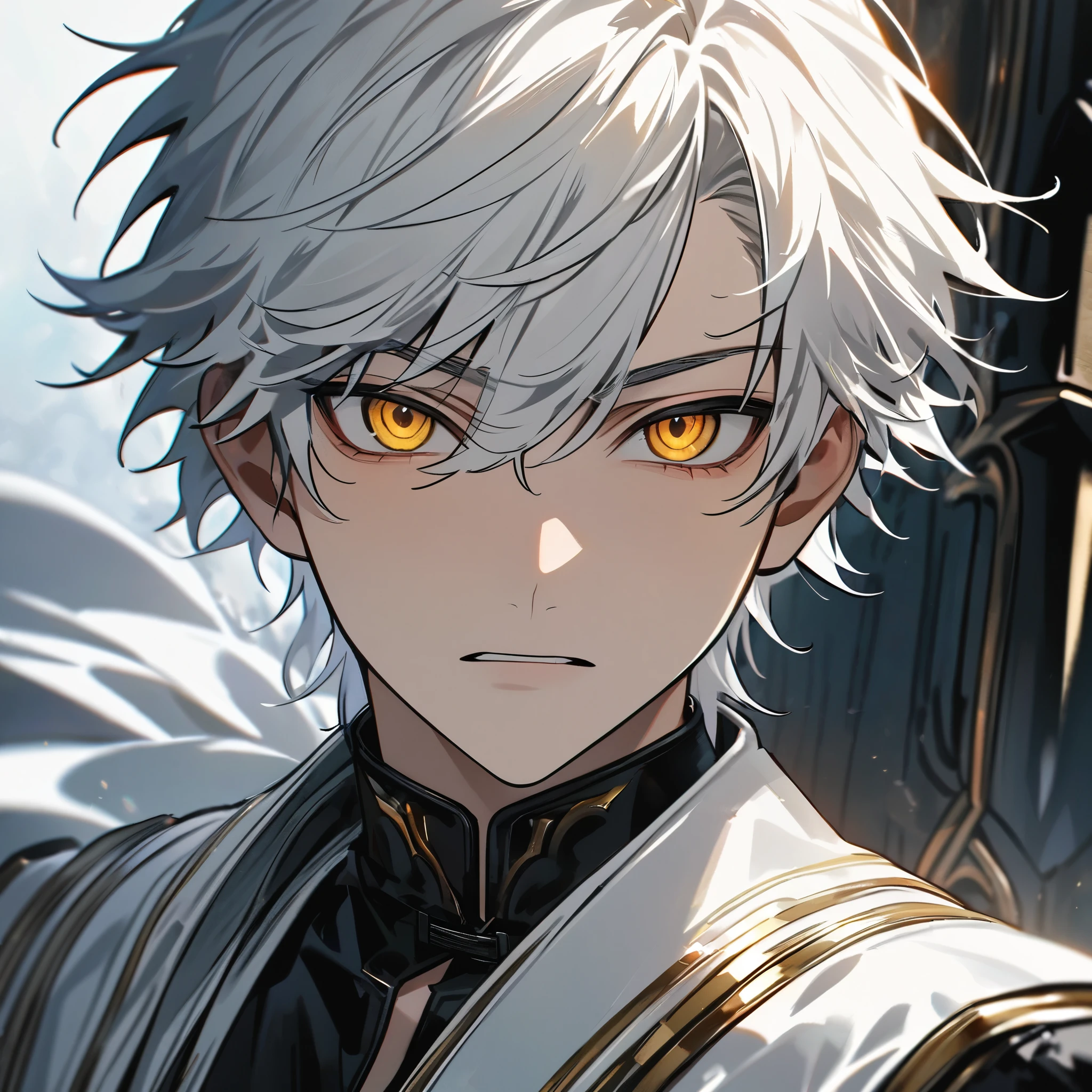 High quality, HD, 4k, handsome male, 1male, , teenager, go lining, short white hair, sharp eyes, gold eyes, devil may cry, close up, calm expression, stoic expression, black leather clothes, white leather clothing, upper body, looking at viewer, cowboy shot