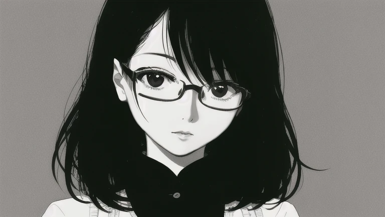 Black Hair、woman、Glasses、No background、Unremarkable、There is a shadow、Close to monochrome、Dark personality