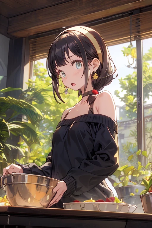(small breasts:1.3), (perky chest:1.1), (pointed chest:1.0), (fashion magazine cover:1.3)，(from below:1.0),(from side:0.9),masterpiece, 1girl, Amazing Cleavage:1.1, thin waist, big ass, Raised sexy, small breast: 1.3, posed cleavage:1.2、solo, looking at viewer, open mouth, have a cute grass of cute beergrass,black hair, dark green eyes, dress, bare shoulders, jewelry, collarbone, sidelocks, hairband, earrings, indoors, off shoulder, :o, sweater, arms behind back, plant, short hair with long locks, gild hairband, off-shoulder dress, sweater dress, off-shoulder sweater, red sweater, dark gord hair, big side hair, very long side hair,is rendered in (masterpiece: 1.2, best quality), with (ultra high resolution) and an exquisite (depth of field). This masterpiece is not only visually stunning but also tells,A scene of cooking in the kitchen by classroom
