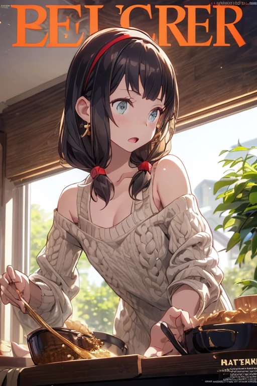 (small breasts:1.3), (perky chest:1.1), (pointed chest:1.0), (fashion magazine cover:1.3),(from below:1.0),(from side:0.9),masterpiece, 1girl, Amazing Cleavage:1.1, thin waist, big ass, Raised sexy, small breast: 1.3, posed cleavage:1.2、solo, looking at viewer, open mouth, have a cute grass of cute beergrass,black hair, dark green eyes, dress, bare shoulders, jewelry, collarbone, sidelocks, hairband, earrings, indoors, off shoulder, :o, sweater, arms behind back, plant, short hair with long locks, gild hairband, off-shoulder dress, sweater dress, off-shoulder sweater, red sweater, dark gord hair, big side hair, very long side hair,is rendered in (masterpiece: 1.2, best quality), with (ultra high resolution) and an exquisite (depth of field). This masterpiece is not only visually stunning but also tells,A scene of cooking in the kitchen by classroom