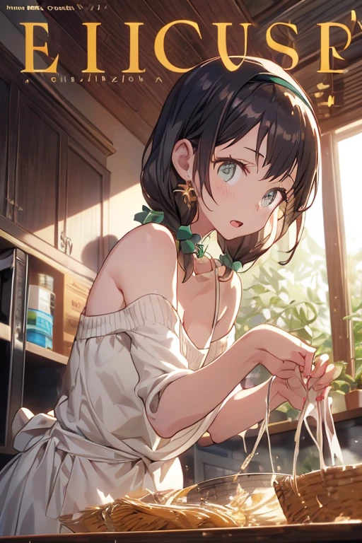 (small breasts:1.3), (perky chest:1.1), (pointed chest:1.0), (fashion magazine cover:1.3),(from below:1.0),(from side:0.9),masterpiece, 1girl, Amazing Cleavage:1.1, thin waist, big ass, Raised sexy, small breast: 1.3, posed cleavage:1.2、solo, looking at viewer, open mouth, have a cute grass of cute beergrass,black hair, dark green eyes, dress, bare shoulders, jewelry, collarbone, sidelocks, hairband, earrings, indoors, off shoulder, :o, sweater, arms behind back, plant, short hair with long locks, gild hairband, off-shoulder dress, sweater dress, off-shoulder sweater, red sweater, dark gord hair, big side hair, very long side hair,is rendered in (masterpiece: 1.2, best quality), with (ultra high resolution) and an exquisite (depth of field). This masterpiece is not only visually stunning but also tells,A scene of cooking in the kitchen by classroom