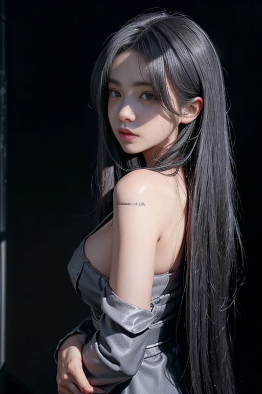 Cleavage, Volumetric lighting、Highly detailed face、One girl、dark、Deep Shadow、Low Key、Cowboy Shot、(Formula Services:1.4)、Hair length、Gray Hair, Looking back